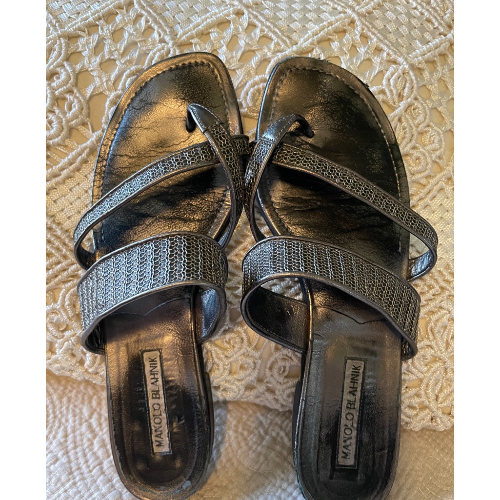 Designer Manolo Blahnik Pewter Sandals